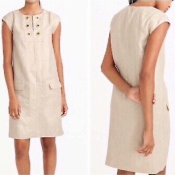 J. Crew Beige Shimmer Metallic 100% Linen Shift Dress Gold Grommets Size 8 Med M - Picture 2 of 9